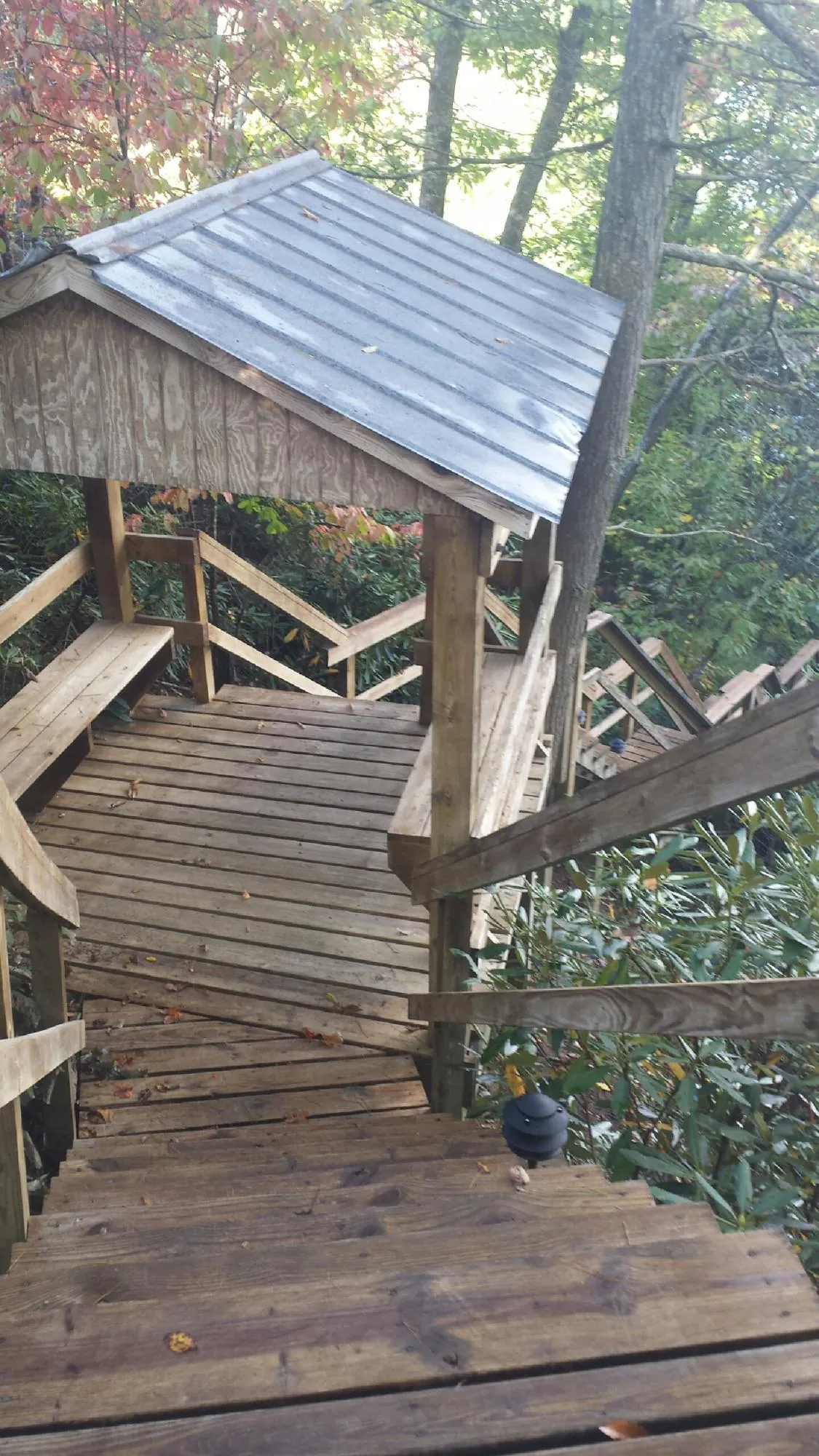 Metal roofed shelter over wooden steps on a wooded walkway — Skylight Repair & Installation work by our crew in Warriors Mark